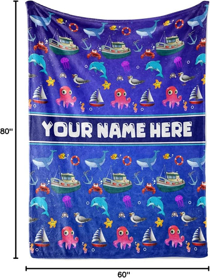 Personalized Blanket for Kids | Custom Marine Animals Fleece Throw Blue Baby Girl Room Décor Gifts Boys Ocean (60x80 Sherpa - V1)