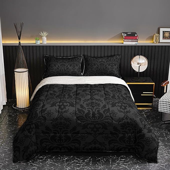 QOOMO Bohemian Exotic Sherpa Comforter, Adults Black Damask Plush Warm Fall Winter Bedding Comforter Sets, Antique Victorian Baroque Sherpa Full/Queen Comforter Set, 3 Piece Set