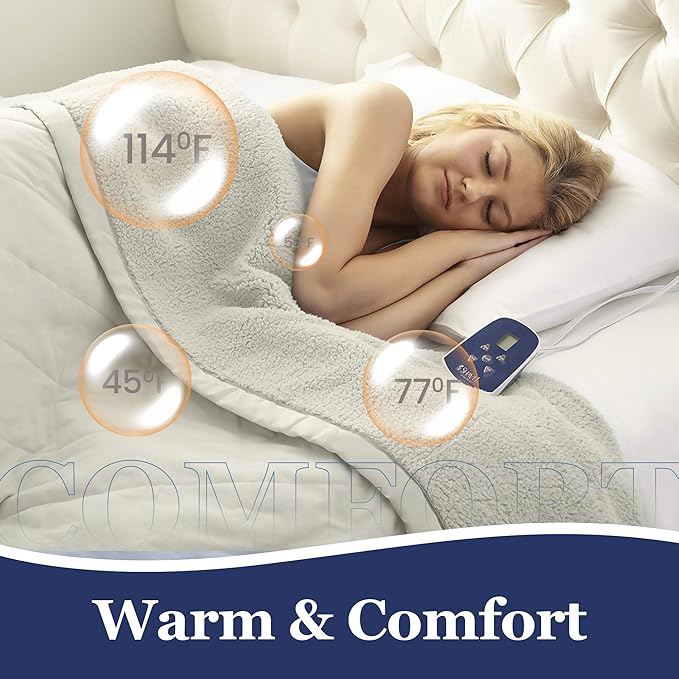 Thermee Micro Flannel Heated Blanket With Sherpa Back, Full Size, 10-Setting Electric, Programmable, Ultra-Soft, Fast Heating Thermal Throw - Sand