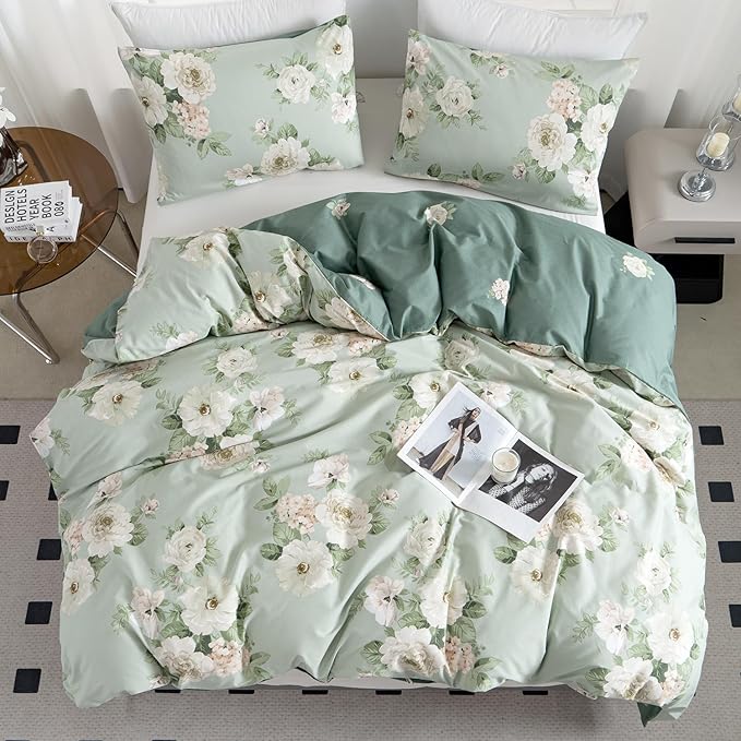 Floral Duvet Cover Queen 100% Soft Cotton 3 Pieces French Country Chic Garden Style Peony Flower Luxury Blossom Floral Vibrant Pattern Reversible Flower Duvet Cover Queen with Zipper Closure