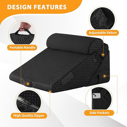 3PCS Wedge Pillow Set for After Surgery, Adjustable 9&12 Inch Bed Wedge Pillow for Sleeping, Incline Pillow Wedge for Headboard, Post Surgery, Acid Reflux, Neck&Back Support, Air-Layer Black