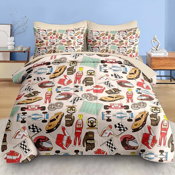 Comforter Set Queen Size, Racing Car Competition 7 Pcs Bedding for Kids and Adults, Race Game Cute Wheel Bed Sheet Sets with Fitted Sheet 2 Pillowcases & 2 Shams for Bedroom Bed Decor
