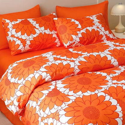 Wellboo Red Sunflower Comforter Sets Cal King Boho Orange Floral Bedding Set California King Women Girls White and Red Botanical Quilt Summer Floral Comforter Flower Plant Blankets Garden Bohemian Bed