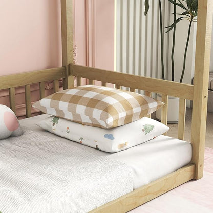 MERITLINE Full Canopy Bed Frame with Fence,Solid Wood Montessori Floor Bed with Guardrail, Easy to Assemble (Natural)