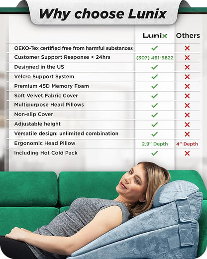 Lunix 4pcs Aloe Vera Infused Orthopedic Bed Wedge Pillow Set for Sleeping – Adjustable Post-Surgery Back, Leg & Knee Support, Acid Reflux & GERD Comfort, Memory Foam Head Pillows, Hot/Cold Pack, Gray