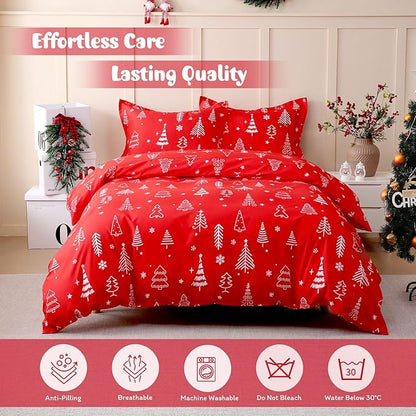 JSD Red Christmas Tree Kids Duvet Cover Set Twin Size, 2 Piece Xmas Comforter Cover with Pillow Sham Zipper Closure, Comforter Not Included