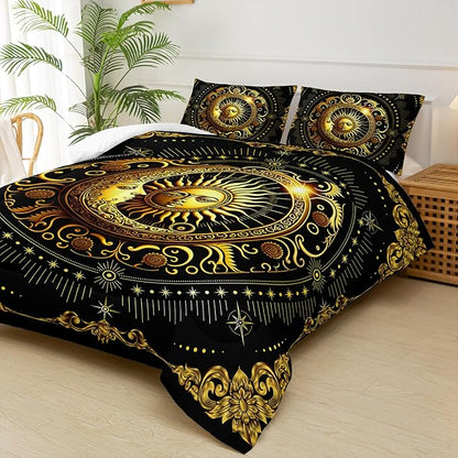 Black and Gold Full Size Sun and Moon Comforter Set，Quilts Full Size Bedding Sets Sun Moon，with 1 Comforter with 2 Pillow Case