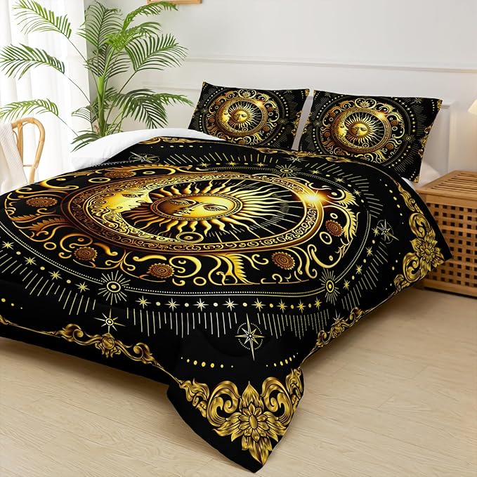 Black and Gold Queen Size Sun and Moon Comforter Set，Quilts Queen Size Bedding Sets Sun Moon，with 1 Comforter with 2 Pillow Case