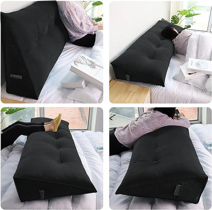 WOWMAX 100% Cotton Velvet Headboard Pillow – Full Size Wedge Back Support Reading Bolster for Bed & Daybed, Handmade Firm Support Cushion with Removable Cover, Soft Luxury Bed Rest Pillow, Black