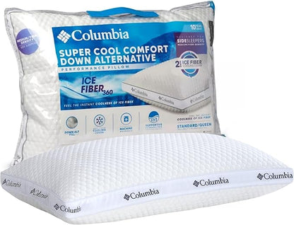 Columbia Comfort Ice Fiber Side Sleeper Down Alternative Bed Pillow with Polyester Fiberfill, Supportive Cooling Double Sided Breathable Cover (Side Sleeper, Standard/Queen (Pack of 1))