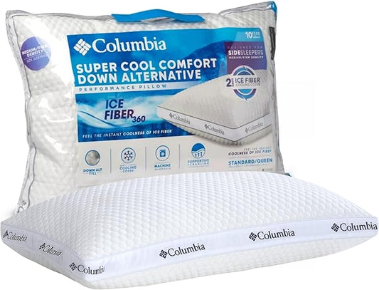 Columbia Comfort Ice Fiber Side Sleeper Down Alternative Bed Pillow with Polyester Fiberfill, Supportive Cooling Double Sided Breathable Cover (Side Sleeper, Standard/Queen (Pack of 1))