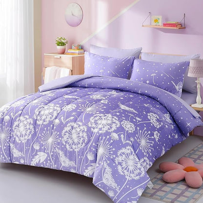 Menghomeus Girls Comforter Set Full Size 7 Pieces Bed in A Bag Ombre Purple Bedding Set Dandelion Butterfly Print Kids Bedding Collections