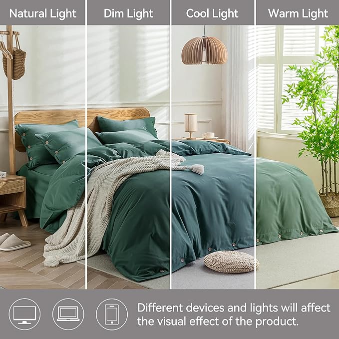JELLYMONI Cotton Duvet Cover Twin Size - Dark Green Comforter Cover with Button 100% Washed Cotton 2PCS Breathable Soft Solid Bedding Set Duvet Cover 68×90in & 1 Pillowcase (NO Comforter)