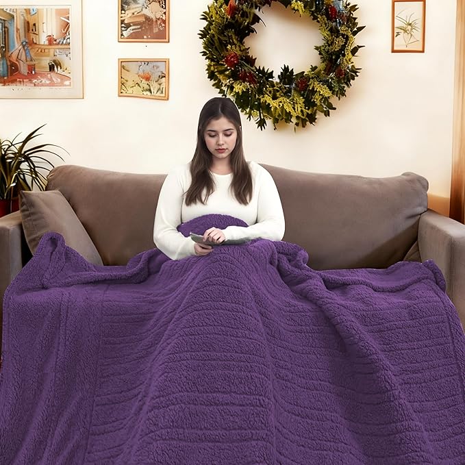 Electric Heated Blanket Twin Size 62"×84" with 6 Heating Levels & 1-10Hs Auto Off, Heating Blanket Double Sided Plush Sherpa, Fast Heating, Machine Washable for Christmas Gift - Dark Purple