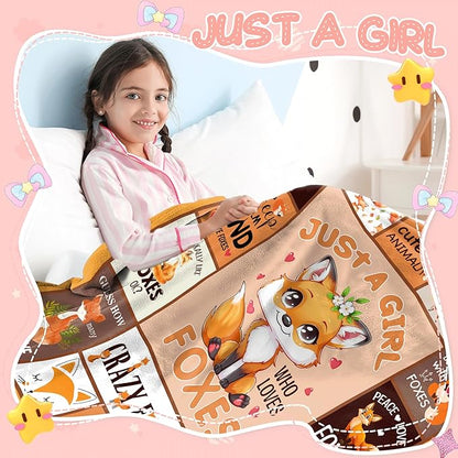 Just A Girl Who Loves Fox Blanket 60" X 50" for Girls Kids, Cute Fox Themed Gift, Cozy Warm Soft Throw Blanket for Girl on Birthday Christms
