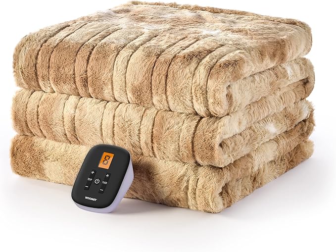 WOOMER Electric Fast Heated Blanket, Double Sided Luxurious Soft Faux Fur, Twin Size 62"x 84", ETL Certificated, 10 Heating Levels, 0.5-12H Auto Off, Machine Washable, Overheat Protection