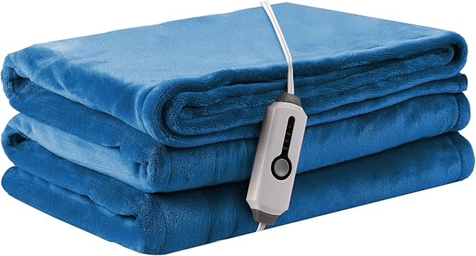 Electric Heated Blanket Throw Size 50×60, Breathable & Luxurious Flannel,Soft Warm Gift with Over-Heat Protection,4 Heating Levels & 3 H Auto Shut Off, Machine Washable, Lake Blue