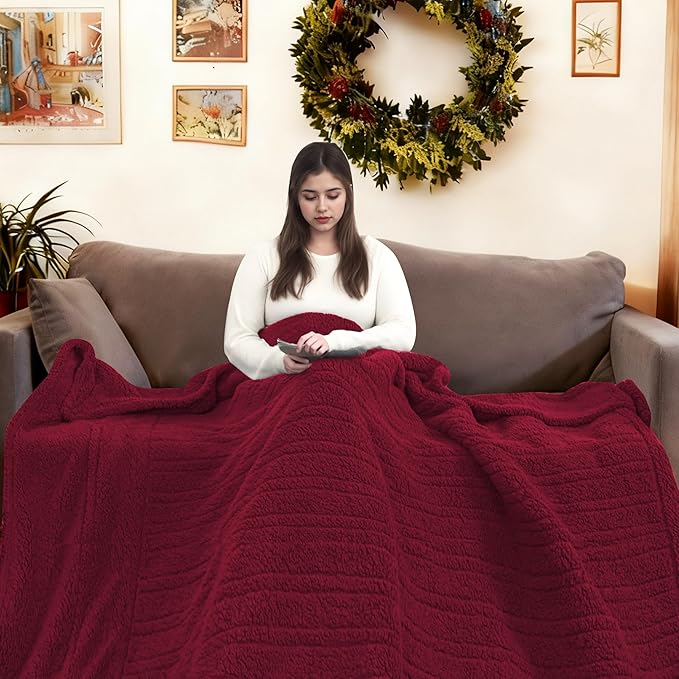 Electric Heated Blanket Throw Size 50"×60" with 6 Heating Levels & 3 Hours Auto Off, Heating Blanket Double Sided Plush Sherpa, Fast Heating, Machine Washable Red