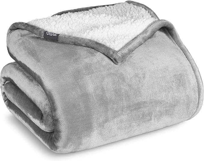 Bare Home Sherpa Fleece Blanket - Throw/Travel Size - Blanket for Bed, Sofa, and Couch - Warm & Lightweight - Fluffy & Soft - Reversible (Throw/Travel, Light Grey)