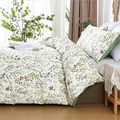 Green Botanical Floral Duvet Cover Set King Size Reversible 3 Pieces Soft Microfiber Sage Green Comforter Cover with Zipper Ties for Men Women