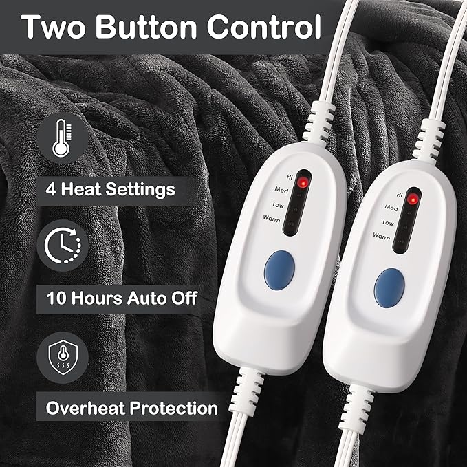 Electric Heated Blanket Queen Size 84"x90", Dual Control Fast Heating Cozy Heated Blanket for Bed, 10 Hours Auto Off & 4 Heating Levels, Warm Gift for Grandma-Dark Gray