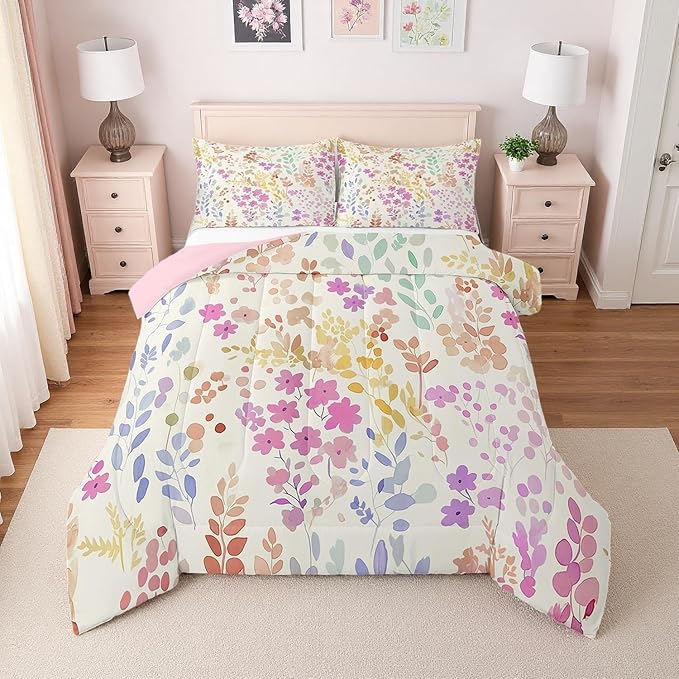 Erosebridal Cute Pink Floral Queen Comforter Set for Girls Women Kids,Watercolor Wild Flower Bedding Set Boho Bedroom Decor,Rustic Country Flowers Quilt Bed Set Wildflower Bed Comforter Set 3Pcs