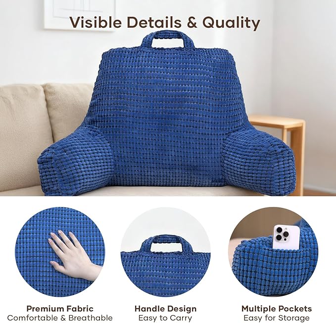 NOONTIDE Reading Pillow with Top Handle,Uniquely Designed Soft Fabric, Ergonomic Back Support for Bed,Cover Washable Sit up Pillow,Watching TV/Gaming/Relaxing(Blue)
