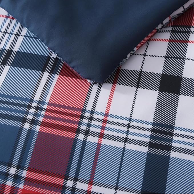 MaiRêve Queen Size Plaid Comforter Set Navy Red, Classic 7 Pieces Farmhouse Bedding Set, All Season Lightweight Bed in A Bag with Sheets, Pillowcases & Shams
