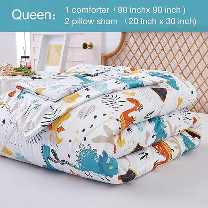 JSD Dinosaur Kids Comforter Set Queen Size, 3 Piece Printed Microfiber Comforter with Pillow Sham, Machine Washable