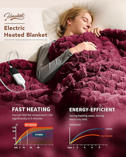 Homemate Heated Blanket Electric Throw - 50"x60" Heating Blanket Throw 1/2/4/6/8 Hours Auto-Off 10 Heat Levels Over-Heat Protection Luxury 800 GSM Faux Fur 200 GSM Sherpa ETL Certification