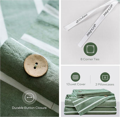 JELLYMONI Cotton Duvet Cover Super Queen Size - Green Striped Comforter Cover with Button 100% Washed Cotton 3PCS Breathable Soft Solid Bedding Set Duvet Cover 98×90in & 2 Pillowcases