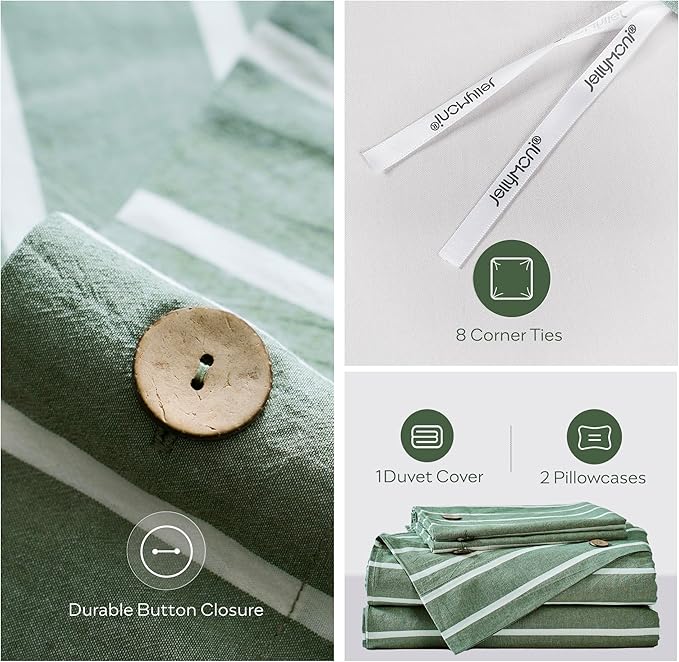 JELLYMONI Cotton Duvet Cover Oversized King Size - Green Striped Comforter Cover with Button 100% Washed Cotton 3PCS Breathable Soft Solid Bedding Set Duvet Cover 120×98in & 2 Pillowcases