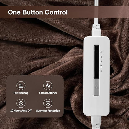 Electric Heated Blanket Full Size 72”x84”,Cozy Soft Warmth with 5 Heating Settings 10 Hours Auto-Off, Long Cord Energy-Saving, for Bed, Fast Heating Machine Washable, Dark Brown