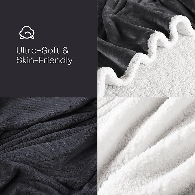Electric Heated Blanket 62"x84" Twin Size - Flannel & Sherpa Fabric Dual-Sided, 6 Heat Settings & 10 Hours Auto Off, Soft & Cozy Warming Throw for Home, Office, or Bed, Machine Washable, Iron Gray