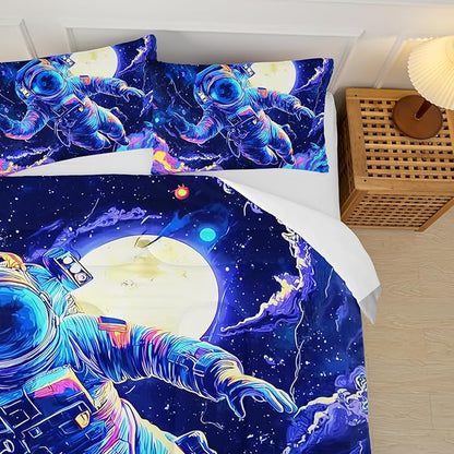 Kids Dark Blue Astronaut Comforter Set Full Size for Boys，Outer Space Themed Full Size Bedding Set，with 1 Comforter with 2 Pillow Case，Astronaut Themde Bedroom Decor for Boys Kids
