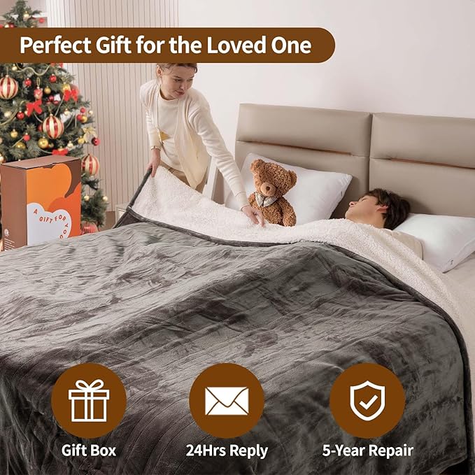 Bearhug Electric Heated Blanket Heating Blanket Queen Size 84"x 90" Warm Throw Gift Dual Controllers Velvet & Sherpa, 10 Levels & 0.5-12H Auto Off, Over-Heat Protect, ETL, Machine Washable