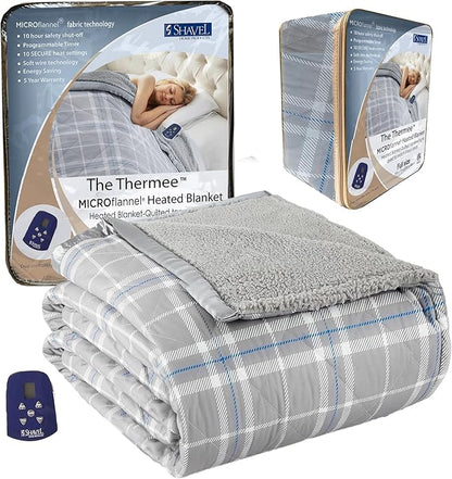 Thermee Micro Flannel Heated Blanket With Sherpa Back, 10-Setting Electric Full Size, Programmable, Ultra-Soft Throw, Heating Thermal - Fashion Plaid Gray