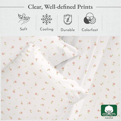 California Design Den Floral Print King Size Sheets Set - 400 Thread Count, Soft Sateen, Natural 100% Cotton Sheets King Size, Deep Pockets, and Durable Bedding Set - Soft Floral