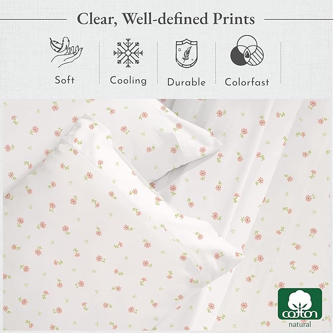 California Design Den Printed Twin XL Sheet Sets - 400 Thread Count Sateen, Natural 100% Cotton Bed Sheets, Deep Pockets, and Durable Bedding Set - Soft Floral