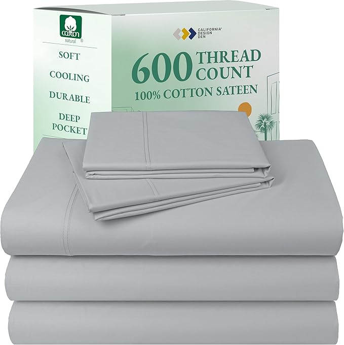 California Design Den Split King Sheet Set - 100% Cotton, 600 Thread Count, Breathable Luxury King Size Sheets for Adjustable Bed, Luxury Hotel-Quality Sheets with Soft Sateen Weave - Light Grey