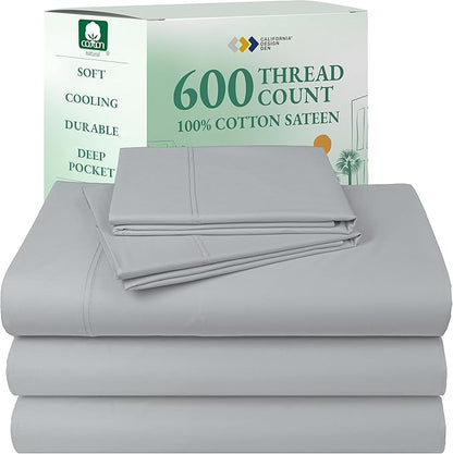 California Design Den Split King Sheet Set - 100% Cotton, 600 Thread Count, Breathable Luxury King Size Sheets for Adjustable Bed, Luxury Hotel-Quality Sheets with Soft Sateen Weave - Light Grey