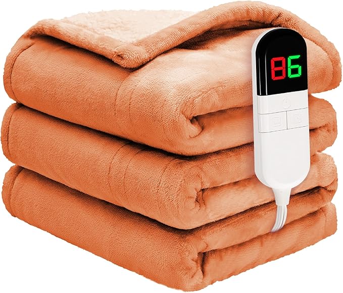 Heated Throw Blanket 50"×60" - Premium Cosy Soft Electric Blanket with 6 Heating Levels,Fast Heating Flannel Sherpa Blanket for Bed & Couch - Auto Shut Off/Machine Washable (Orange)