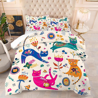 Cat Comforter Set King: Cute Floral Cats King Bedding Sets for Teen Girls Women Kids Cartoon Flowers Kawaii Animals Print Quilt Duvet Bed Set with 1 Comforter & 2 Pillowcases
