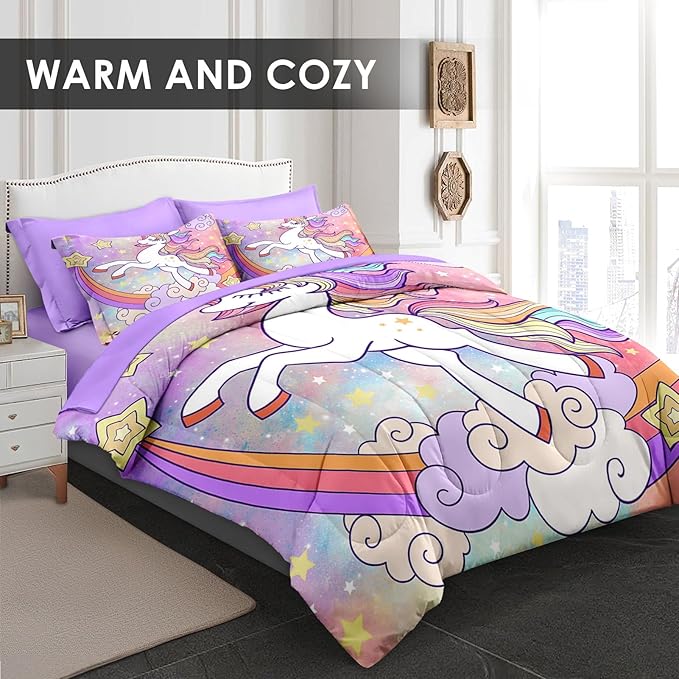 Full Size Comforter Set with 2 Pillowcases & 2 Shams, Cute Animal Unicorn 7 Pcs Bedding for Kids and Teens, Rainbow Girls Love Bed in a Bag with Flat Fitted Sheet