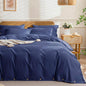 JELLYMONI Cotton Duvet Cover Full Size - Navy Blue Comforter Cover with Button 100% Washed Cotton 3PCS Breathable Soft Solid Bedding Set Duvet Cover 80×90in & 2 Pillowcases (NO Comforter)