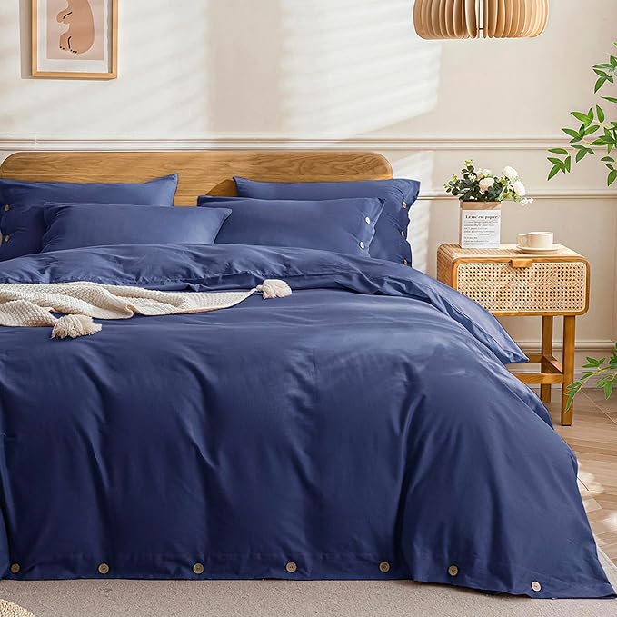 JELLYMONI Cotton Duvet Cover Twin Size - Navy Blue Comforter Cover with Button 100% Washed Cotton 2PCS Breathable Soft Solid Bedding Set Duvet Cover 68×90in & 1 Pillowcase (NO Comforter)