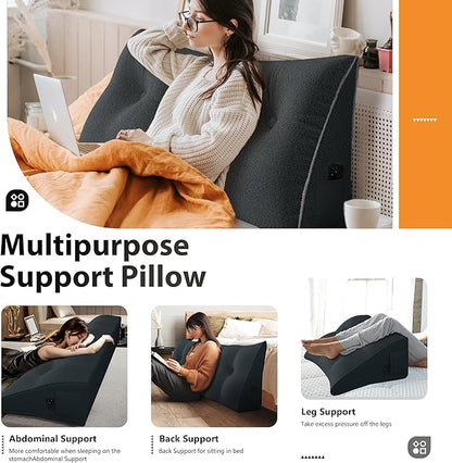 10 lbs Thickened Wedge Pillow Headboard Body Positioner Bed Wedge Pillow Backrest Support Triangular Headboard Pillow for Sleeping with Side Pocket Velvet Positioning Support Deep Grey Full