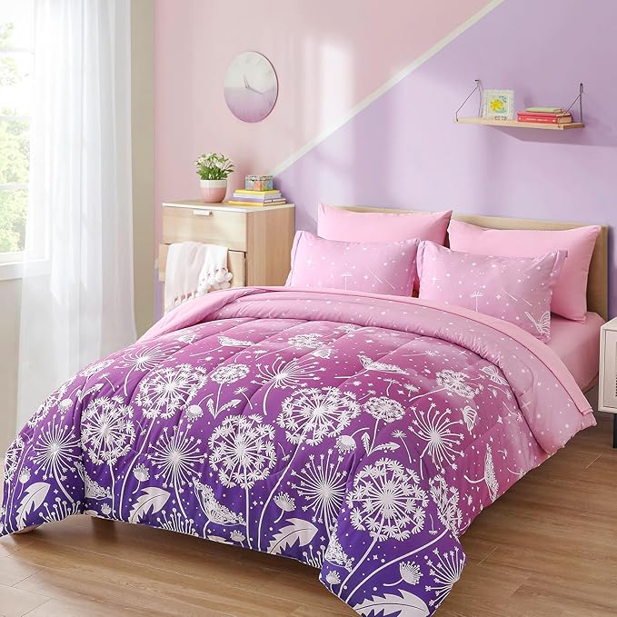 Menghomeus Girls Comforter Set Twin Size 5 Pieces Bed in A Bag Ombre Pink Purple Rainbow Bedding Set Dandelion Butterfly Print Kids Bedding Collections