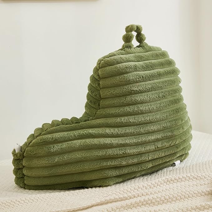 Faux Fur Fluffy Sage Reading Pillow with Pockets, Luxury Striped Plush Decorative, Arm Rests and Back Support for Bed Rest, Lounging on Sofa, Extra Large Size for Adult.