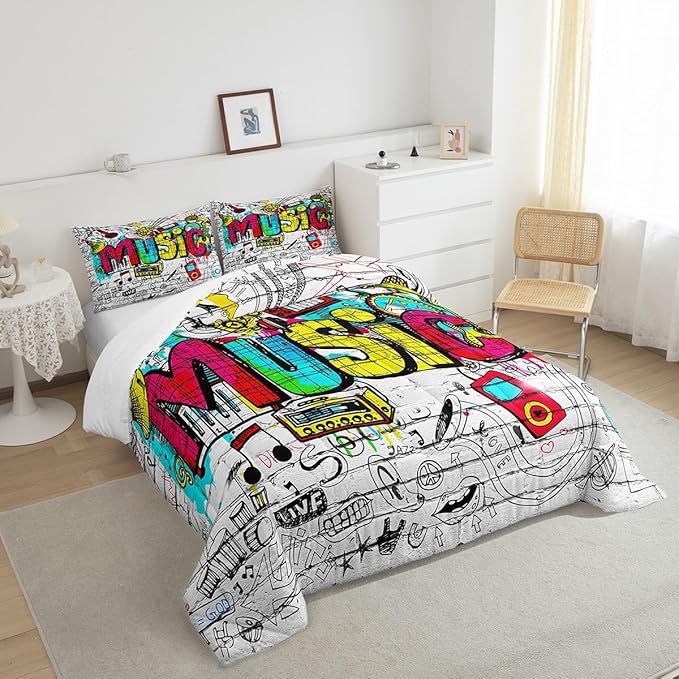 Castle Fairy Rock Music Comforter Set Hippie Graffiti Bedding Set for Kids Girls Women Adults Street Art Comforter Rock Instrument Quilted Duvet Set Bedroom Collection Twin Pink 2Pcs